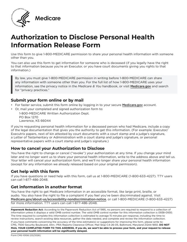 Page 1 of form CMS-10106