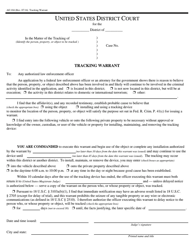Page 1 of form AO 104
