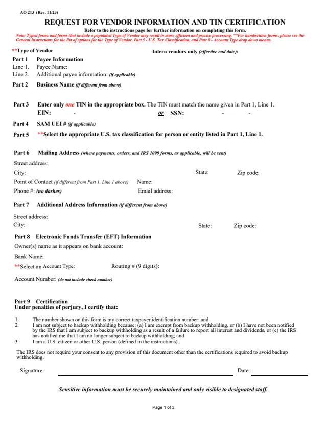 Page 1 of form AO 213