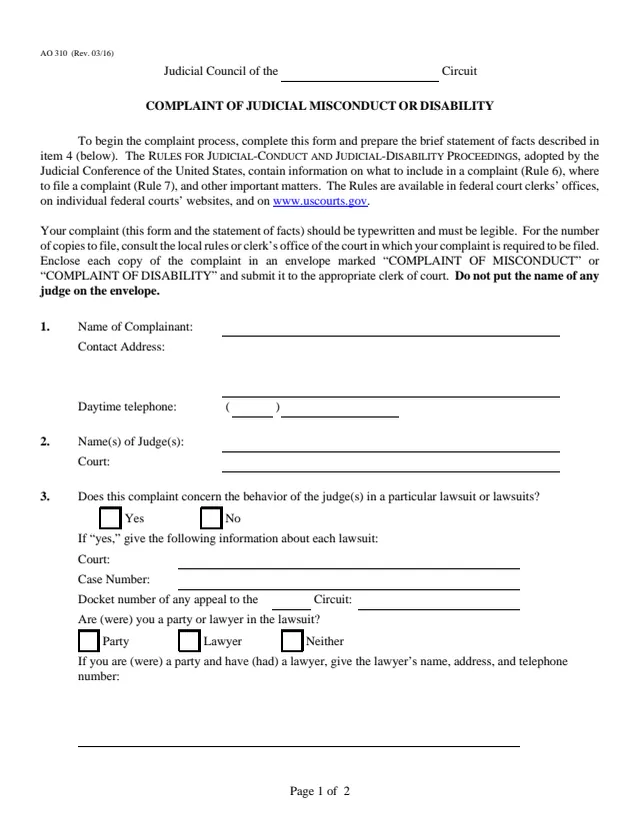 Page 1 of form AO 310