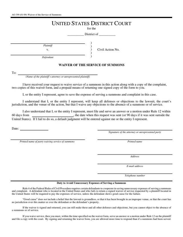 Page 1 of form AO 399