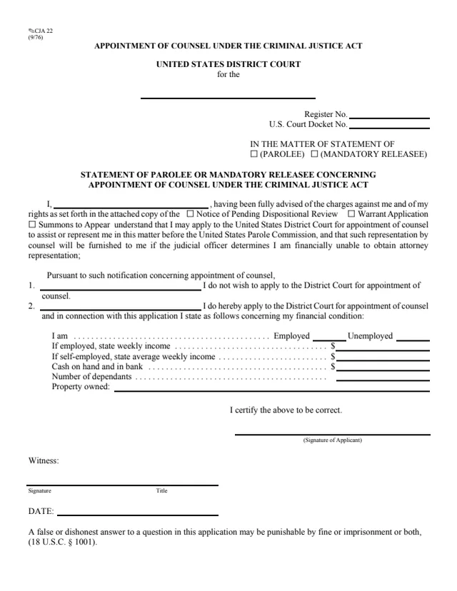 Page 1 of form CJA 22