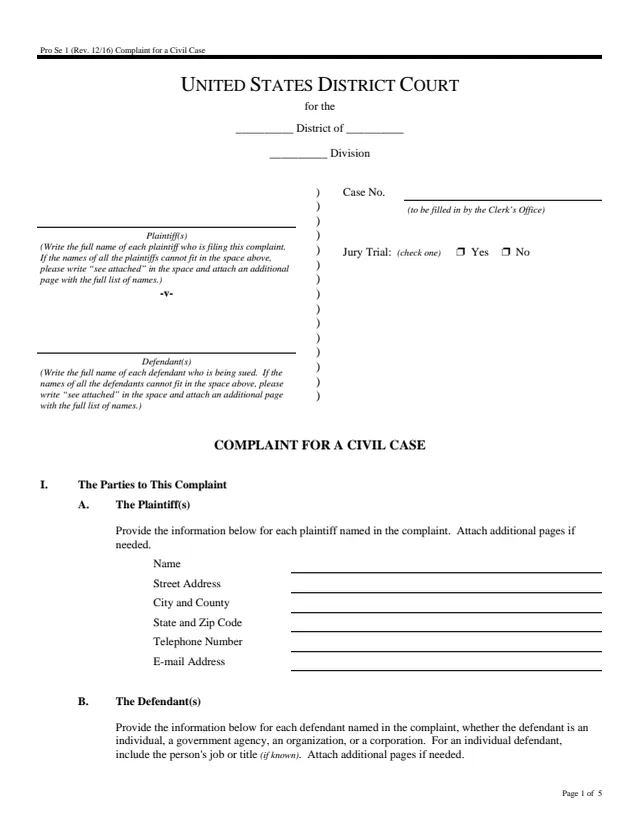 Page 1 of form Pro Se 1