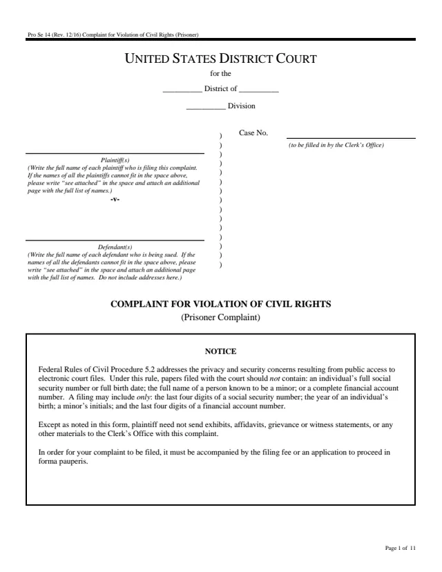 Page 1 of form Pro Se 14