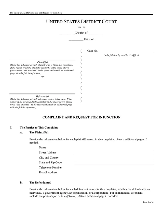 Page 1 of form Pro Se 2