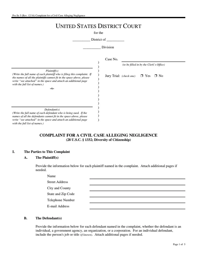Page 1 of form Pro Se 5