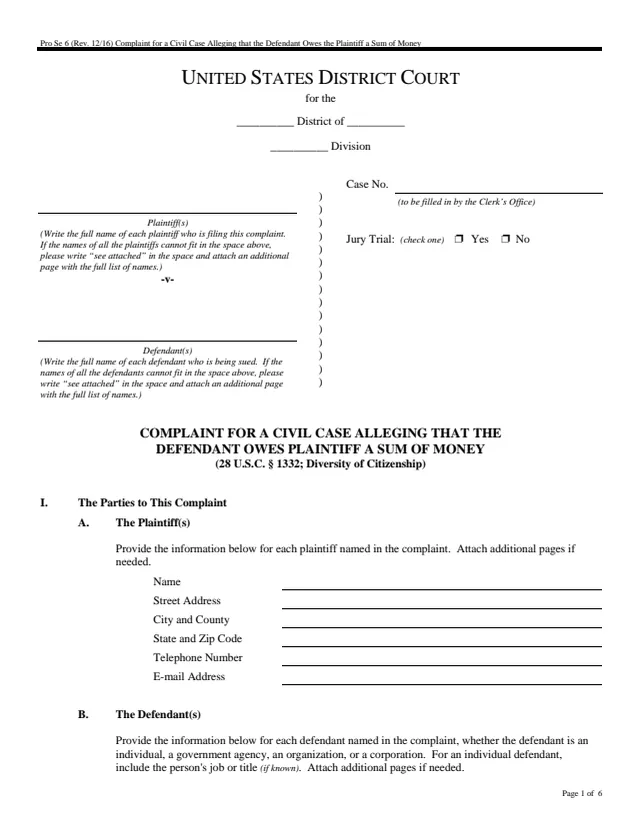 Page 1 of form Pro Se 6