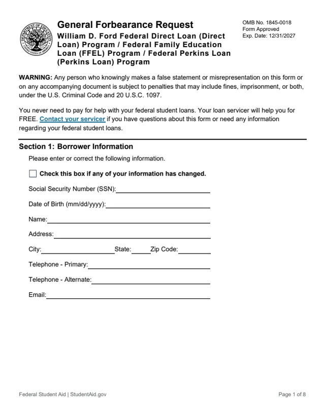 Page 1 of form GENERAL-FORBEARANCE