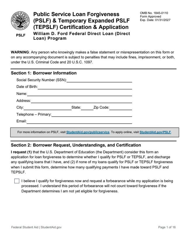 Page 1 of form PSLF