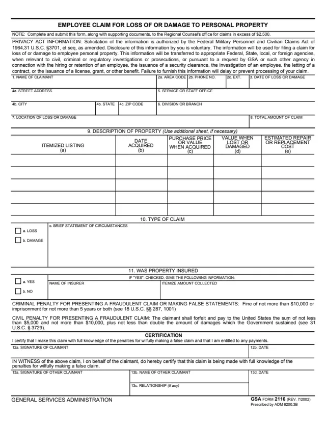 Page 1 of form GSA2116