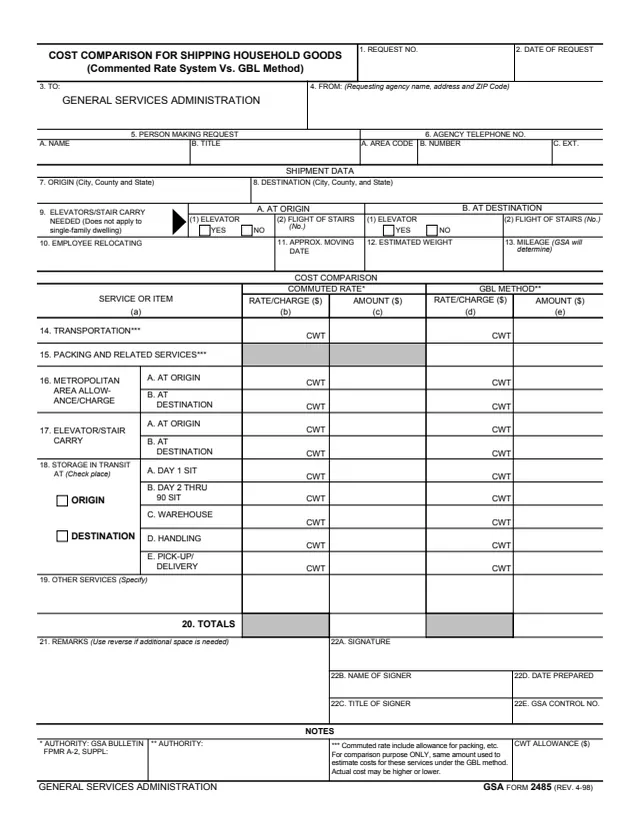 Page 1 of form GSA2485