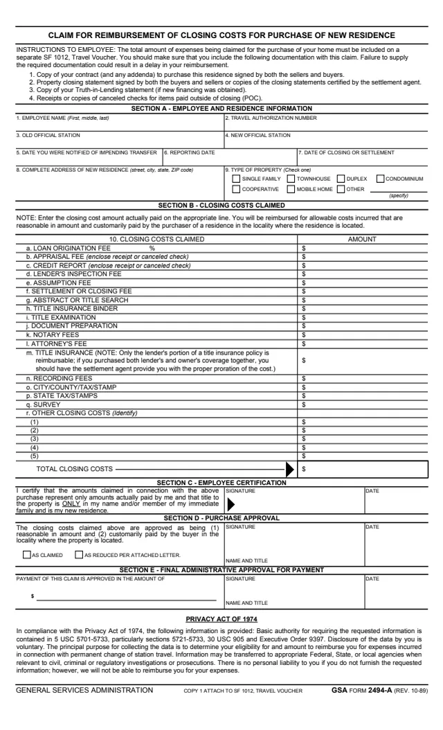 Page 1 of form GSA2494A