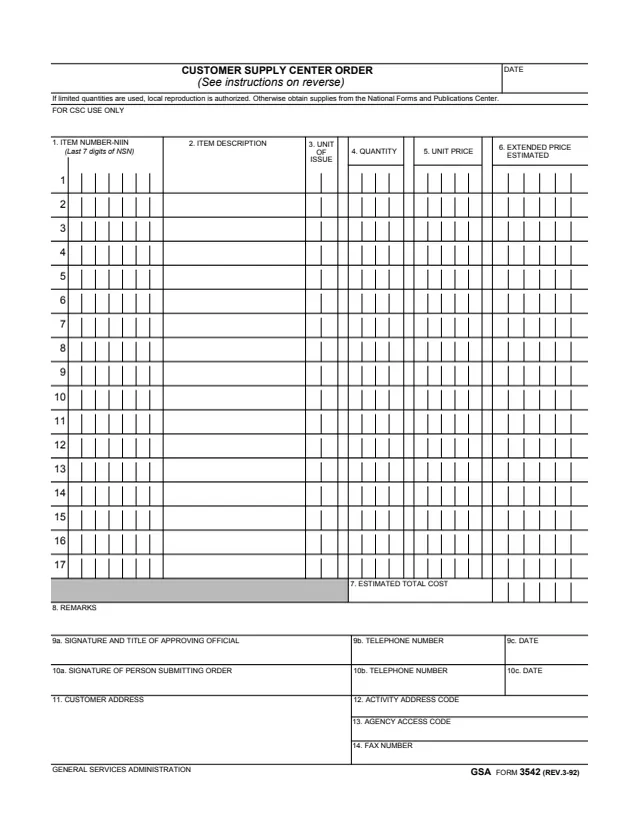 Page 1 of form GSA3542