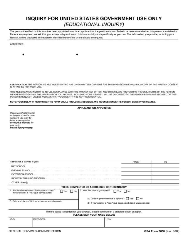 Page 1 of form GSA3650