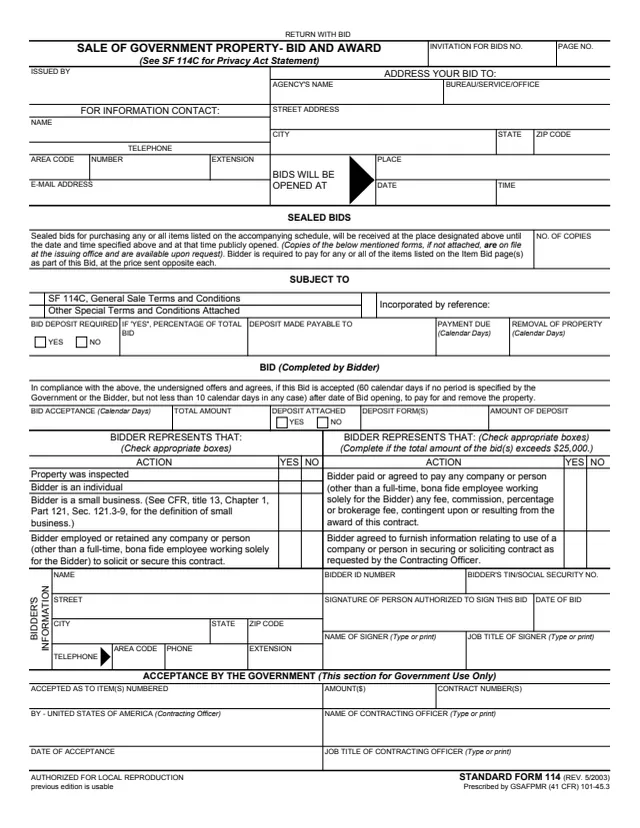 Page 1 of form SF114