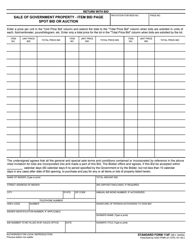 Page 1 of form SF114F