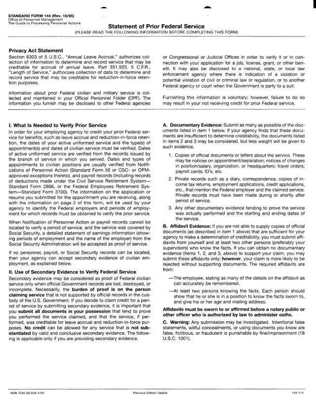 Page 1 of form SF144