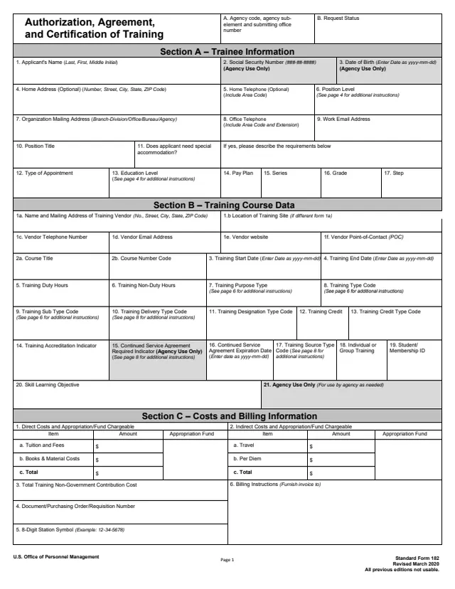 Page 1 of form SF182