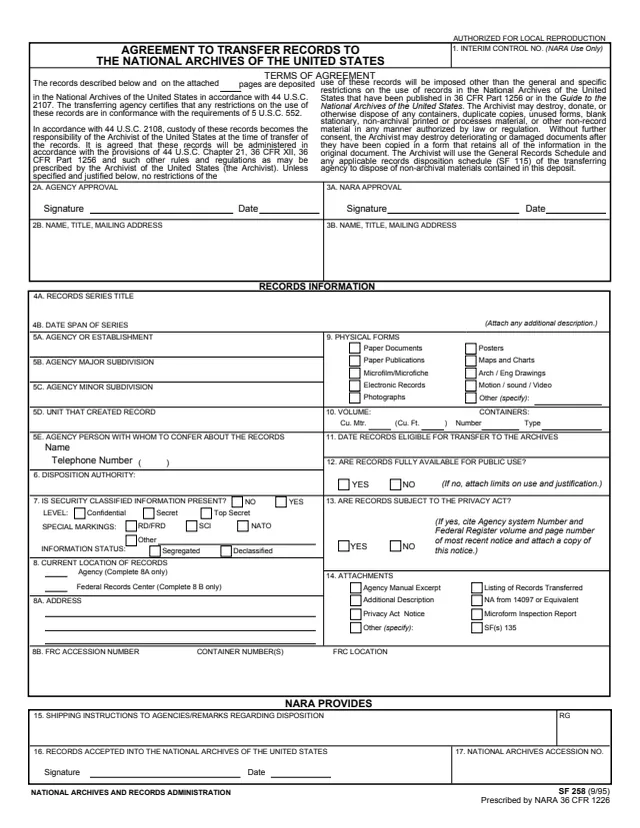 Page 1 of form SF258