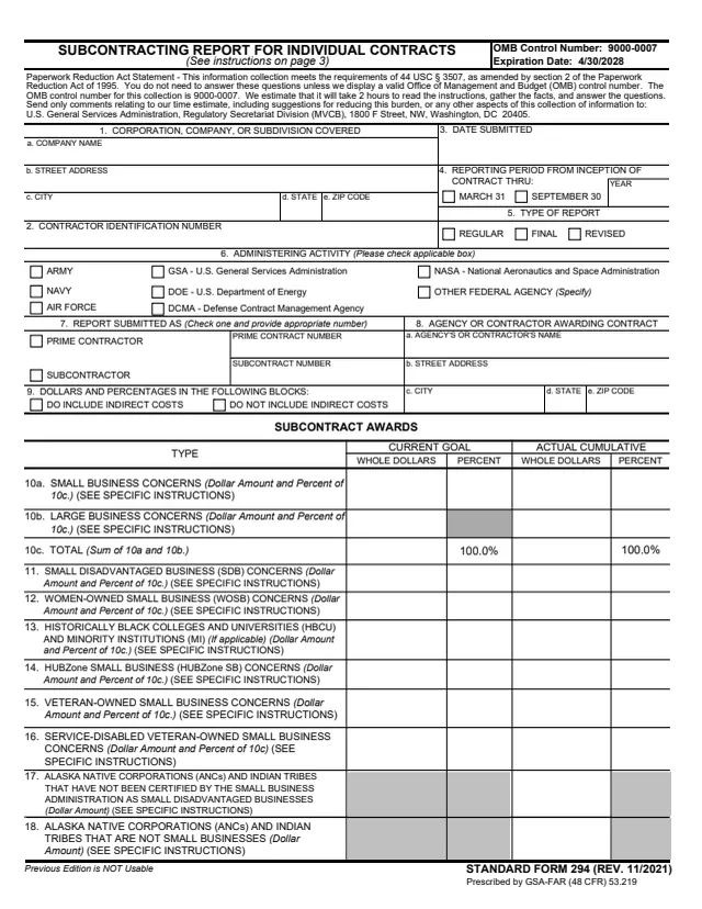 Page 1 of form SF294