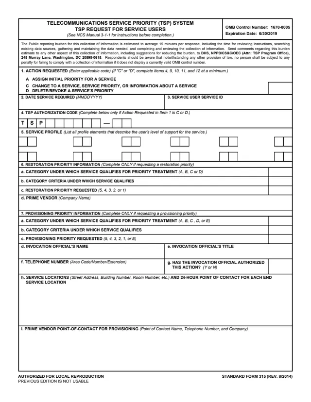 Page 1 of form SF315