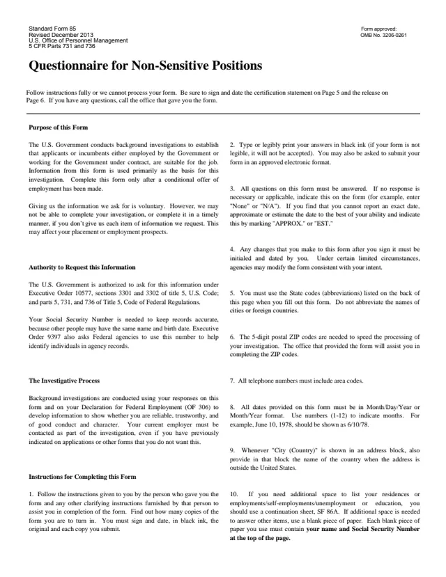 Page 1 of form SF85