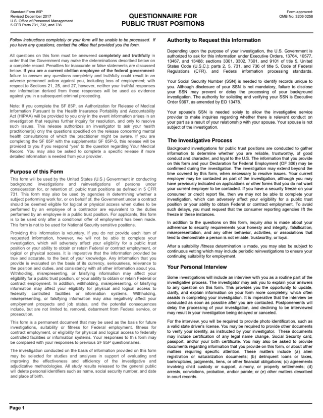 Page 1 of form SF85P