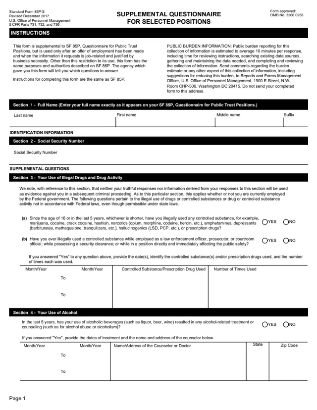 Page 1 of form SF85PS