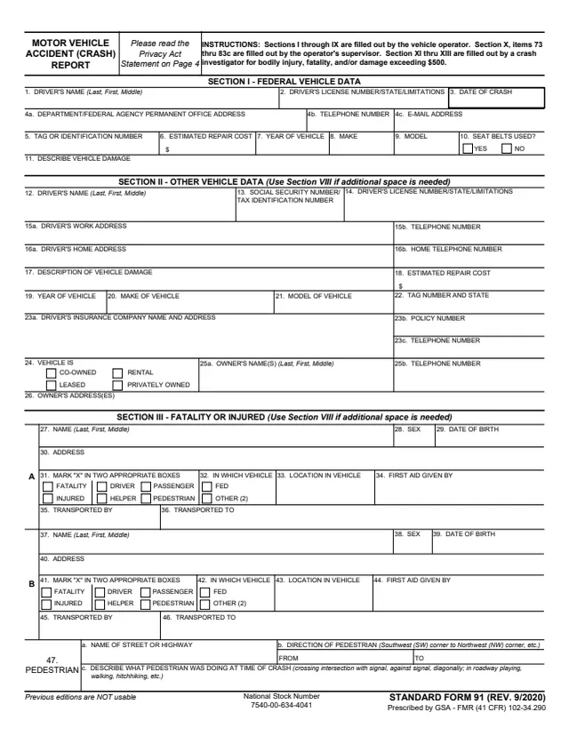 Page 1 of form SF91