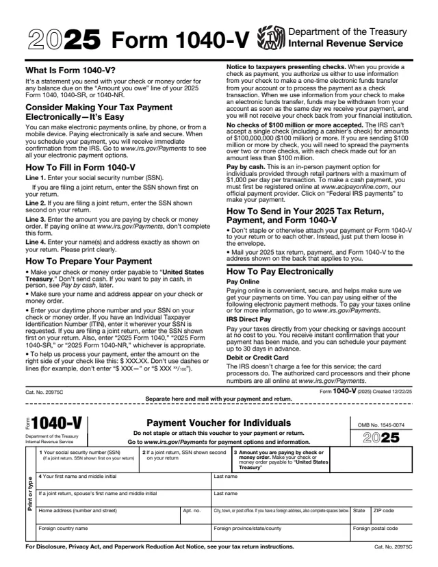 Page 1 of form 1040-V