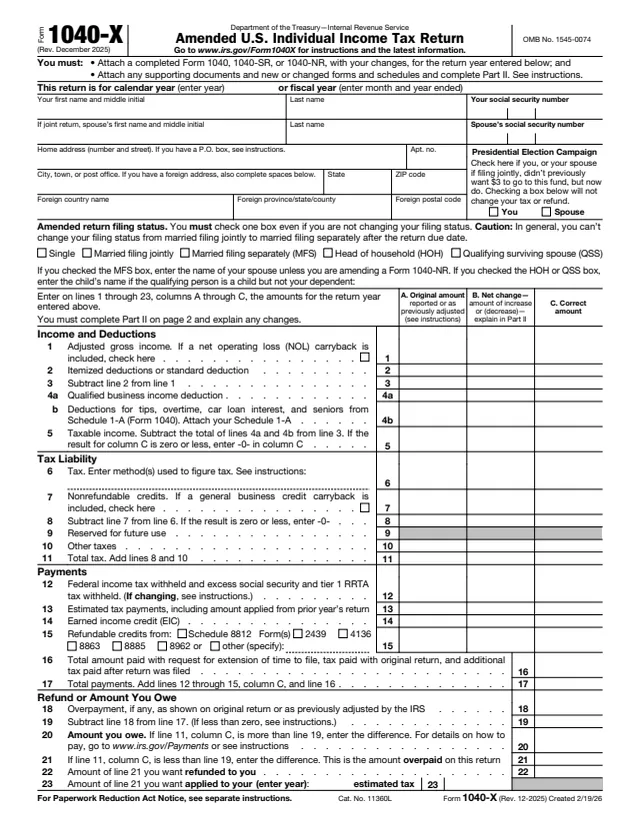 Page 1 of form 1040-X