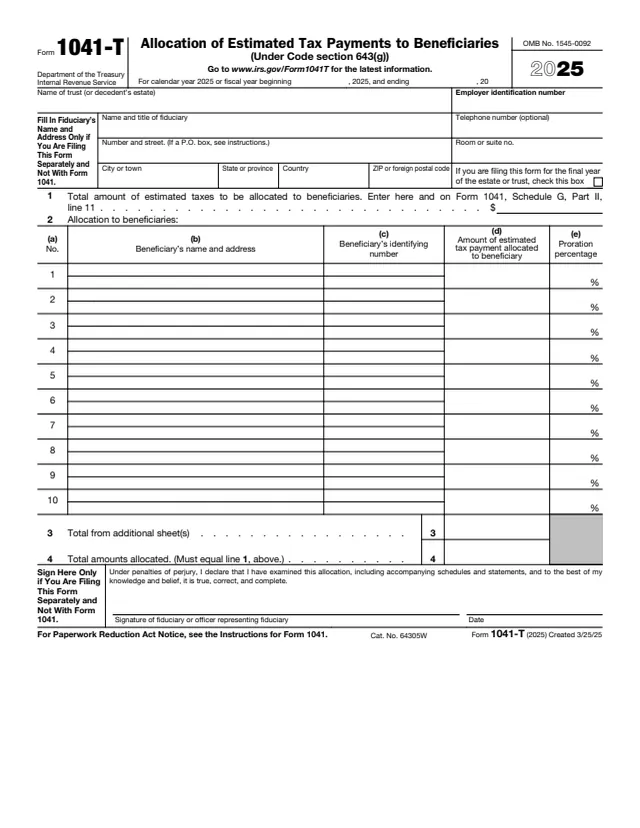 Page 1 of form 1041-T