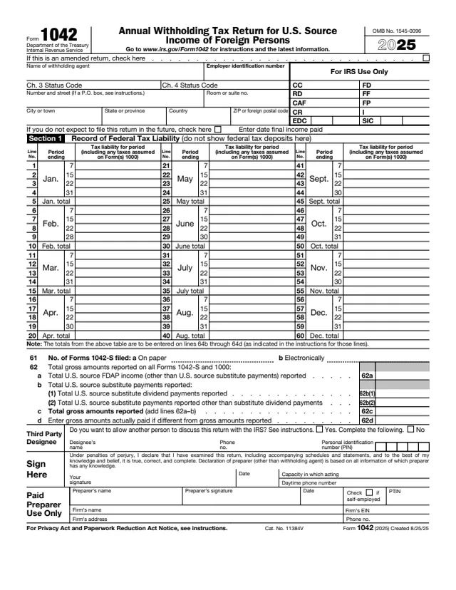 Page 1 of form 1042