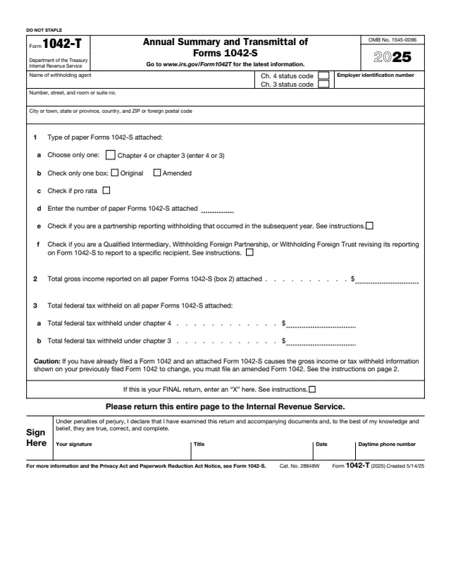 Page 1 of form 1042-T