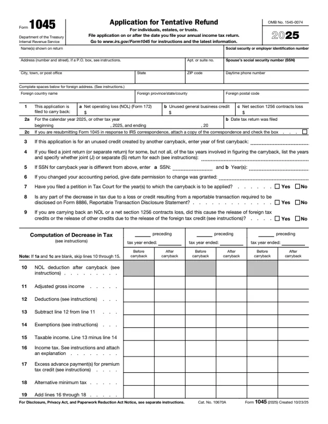 Page 1 of form 1045
