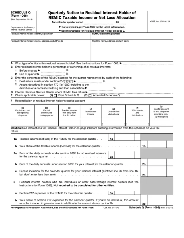 Page 1 of form 1066 Sch. Q