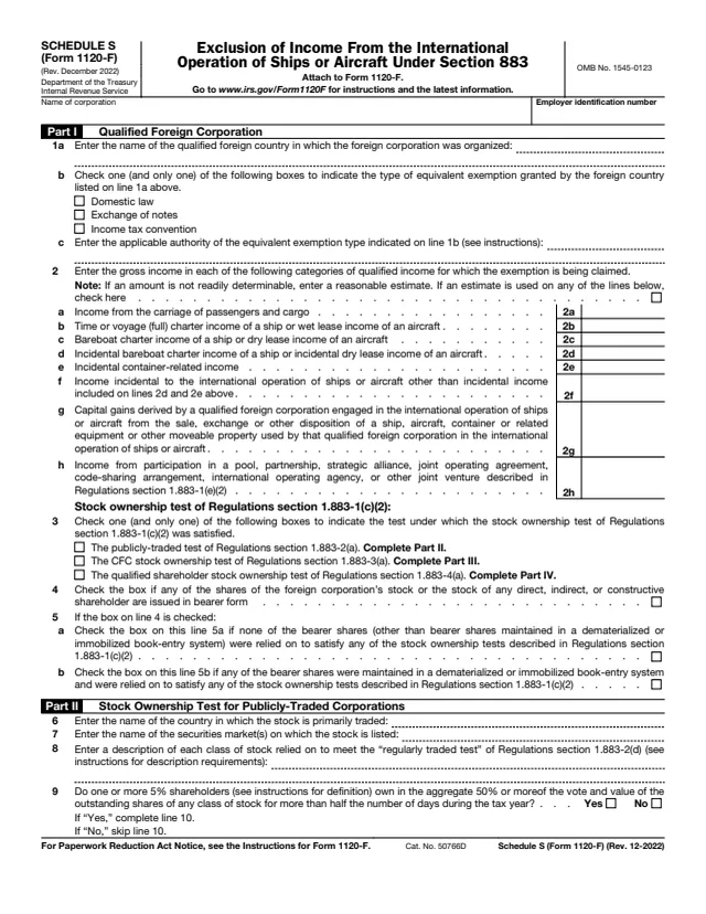 Page 1 of form 1120-F Sch. S