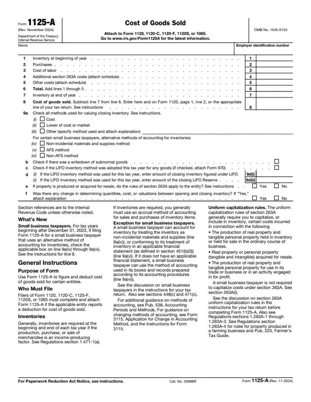 Page 1 of form 1125-A