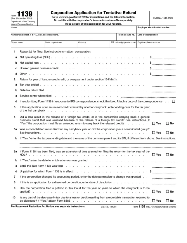 Page 1 of form 1139