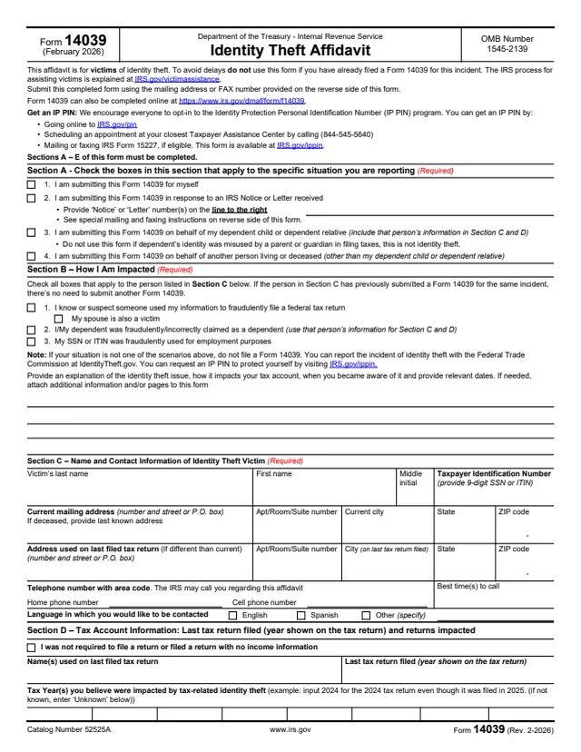 Page 1 of form 14039