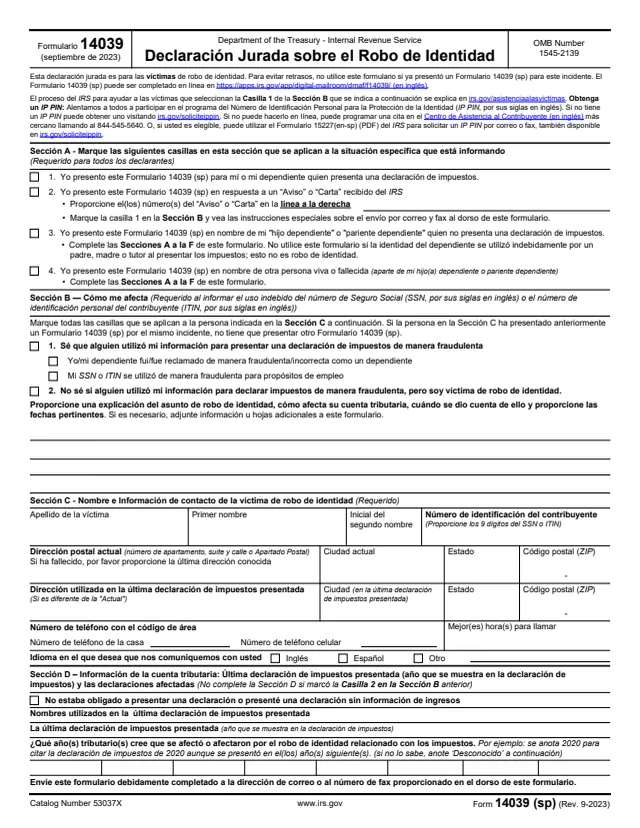 Page 1 of form 14039