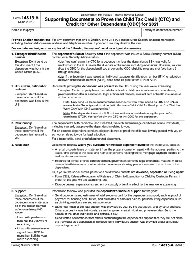 Page 1 of form 14815-A
