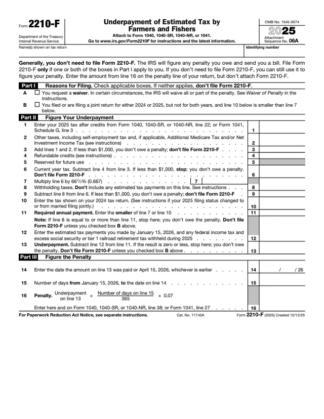 Page 1 of form 2210-F