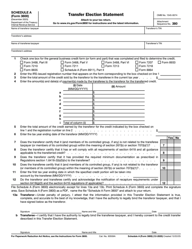 Page 1 of form 3800 Sch. A
