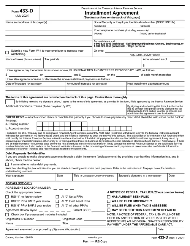 Page 1 of form 433-D