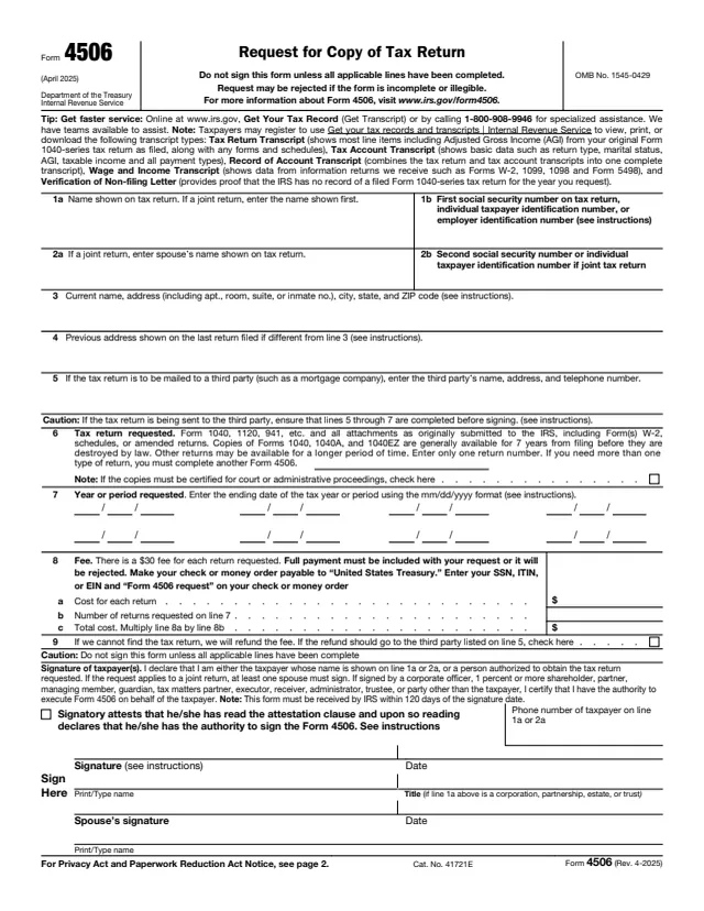 Page 1 of form 4506