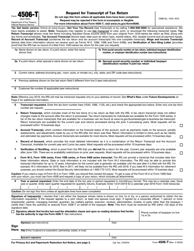 Page 1 of form 4506-T