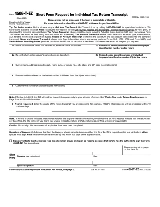Page 1 of form 4506-T-EZ