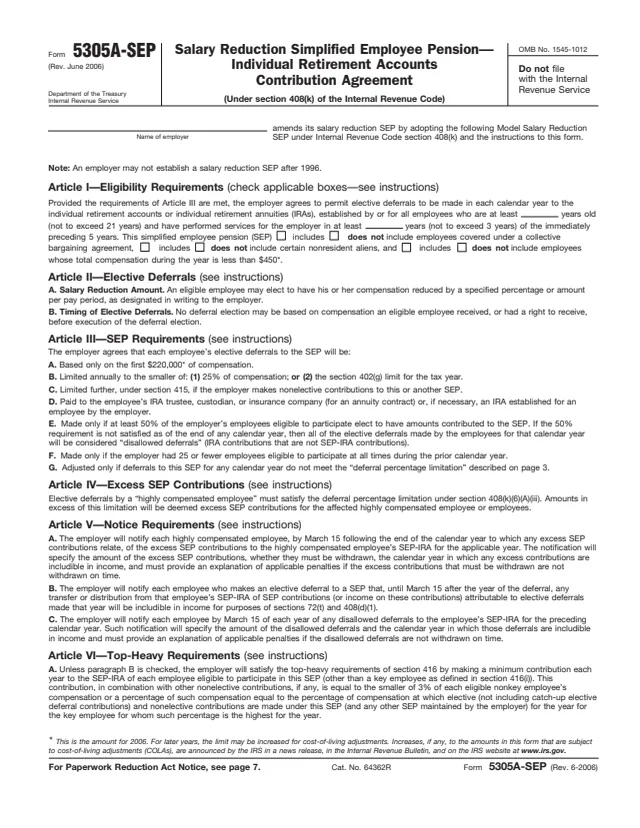 Page 1 of form 5305A-SEP