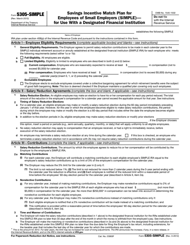 Page 1 of form 5305-SIMPLE